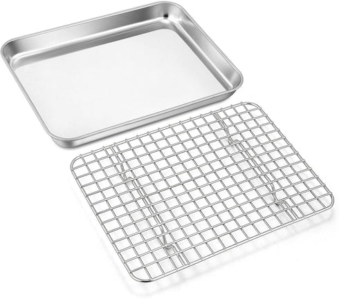 9 Inch Baking Tray Pan & Cooling Rack Set, Joyfair Stainless Steel Toaster Oven Pan with Grid Rack for Cookies, Meats