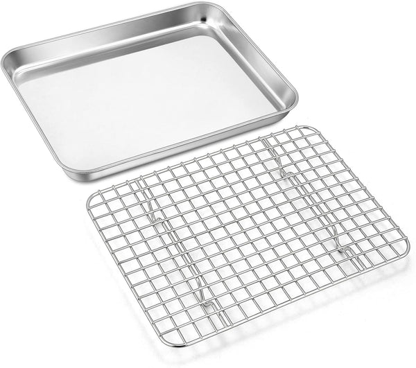 9 Inch Baking Tray Pan & Cooling Rack Set, Joyfair Stainless Steel Toaster Oven Pan with Grid Rack for Cookies, Meats