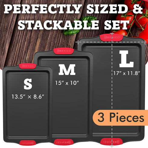 Set of 3 Premium Non-Stick Baking Sheets - Deluxe BPA Free Bakeware Pans with Easy to Clean Silicone Handles
