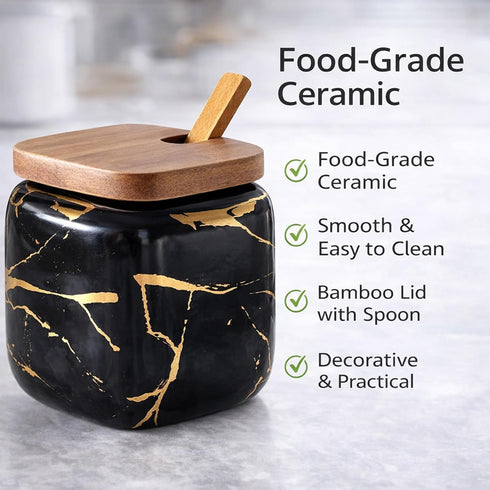 Marble Ceramics Sugar Bowl Ceramic Seasoning Box Ceramic Spice Jars Porcelain Condiment Pots with Lid and Spoon (Black)
