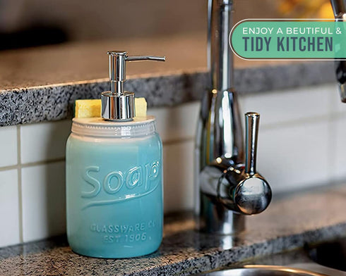 Mason Jar Kitchen Soap Dispenser & Sponge Holder - 14oz Liquid Soap Dispenser with Stainless Steel Pump