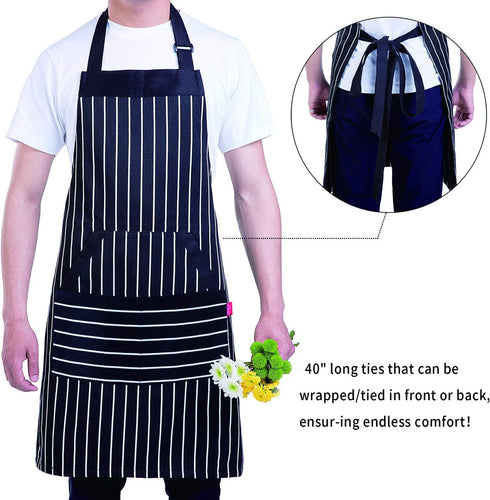 Kitchen Cooking Apron for Women and Men, Adjustable Chef Bib with Pockets - 32" x 28" - Black/White Pinstripe