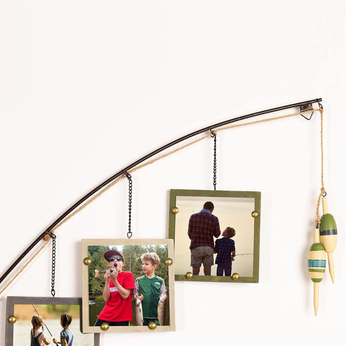 4x4 Young's Inc Wood Fishing Pole Triple Photo Frame Rustic Lake House Wall Fish Decor with Hanging Frames, Lodge