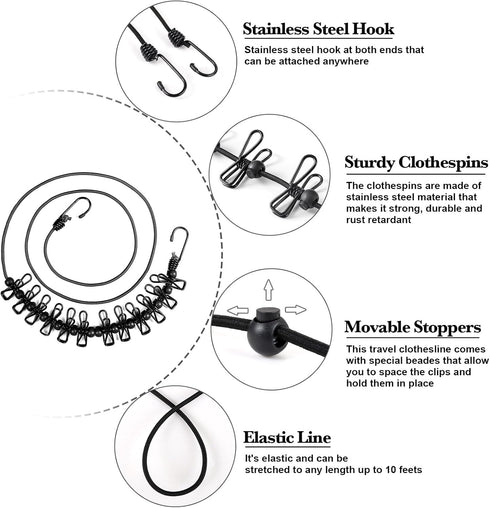 Travel Clothesline, Portable Retractable with 12 Clothespins for Indoor and Outdoor Drying