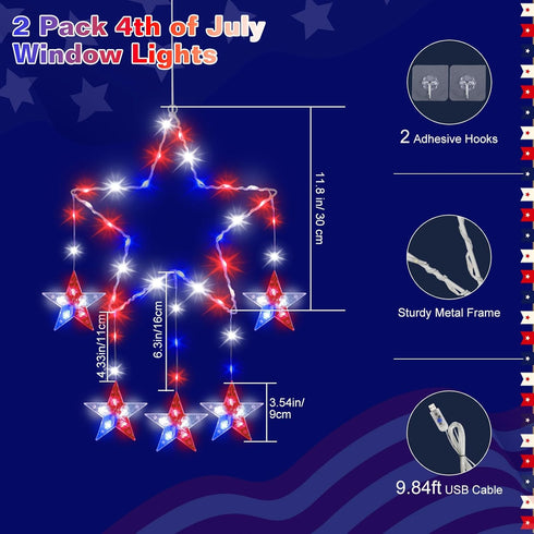 4th 2 Pack 62 8 Lewondr of July Decorations, Red White and Blue Window Star Lights with LEDs, Patriotic Star Lights