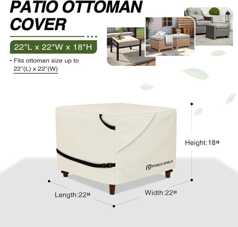 22L 22W 18H inch, Porch Shield Patio Ottoman Cover - Waterproof Outdoor Square Side Table Covers x x Beige