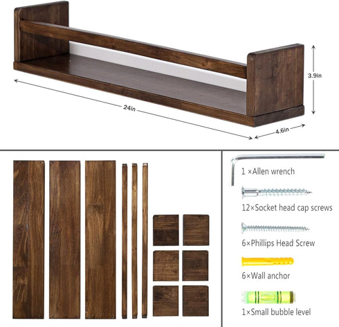 24 Inch Set 3 AZSKY Nursery Book Shelves Deep Walnut Floating Bookshelf for Kids Room Wall Mounted Floating Shelves