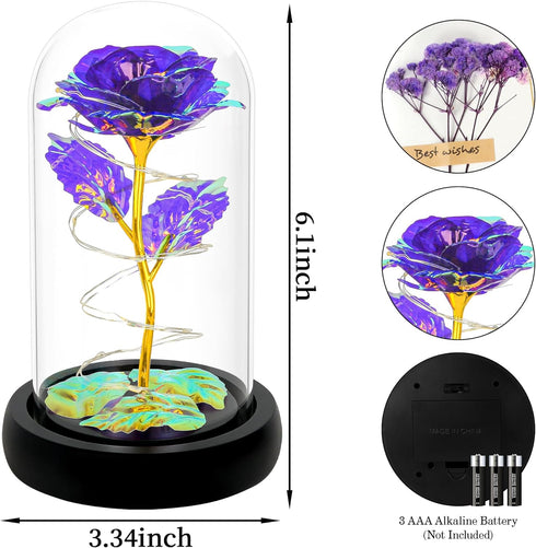 Childom Light Up Rose in Glass Dome, Colorful Purple Flowers for Women, Mom, Grandma, Christmas, Anniversary Gifts