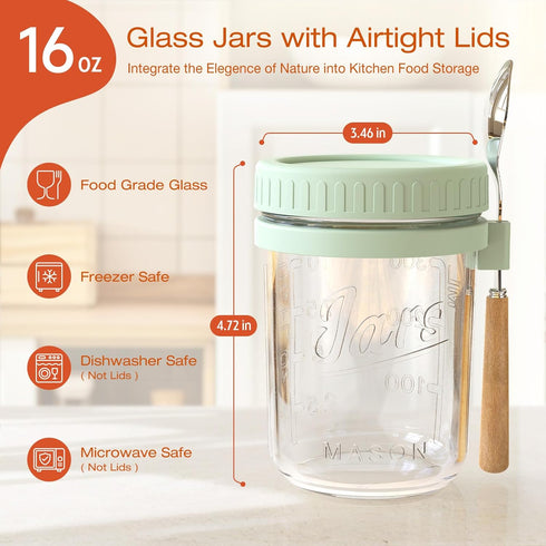 16oz 4 Pack HomArtist Overnight Oats Containers with Lids and Spoons, Wide Mouth Mason Jars with Airtight Lids