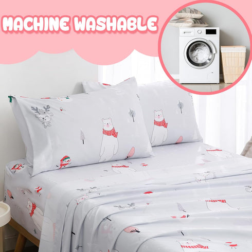 Set Sets 4 Yibeizi Kids Christmas Sheets Full Size, Light Grey Bear Snowmen Printed Sheet for Boys Girls, Cute