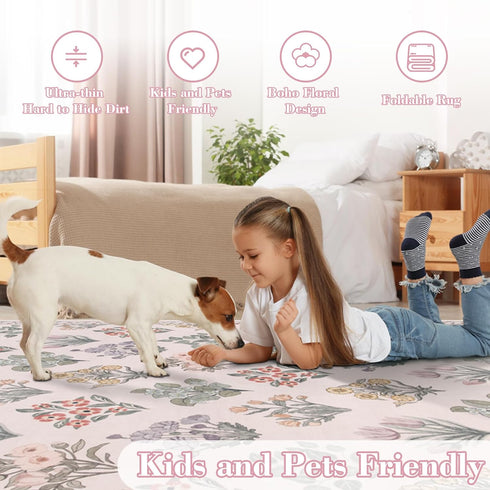 5x7 Cozy Wonnitar Pink Rugs for Bedroom Girls Nursery, Floral Print Washable Rug, Boho Ultra-Thin Non Slip Soft Carpet