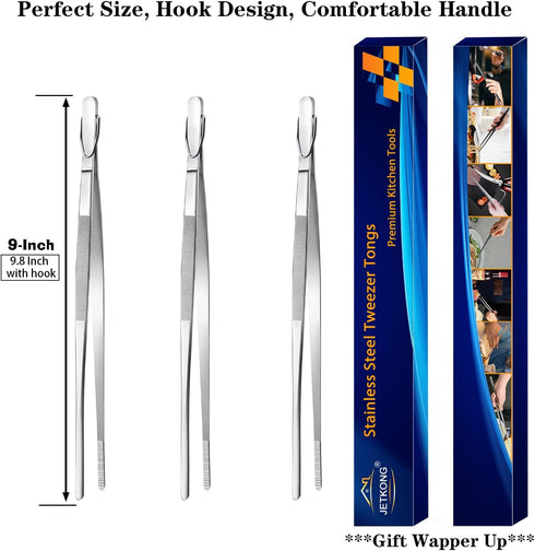 JETKONG Serving Tweezer Tongs - 9-Inch Cooking Tweezers, Set of 3 (9 Inch, Silver)