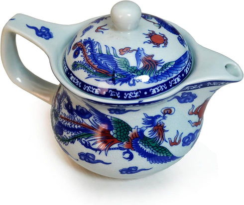 Teapot 15oz Blue White Porcelain China with Stainless Steel Infuser - Dragon and Phoenix (cihu long) - Yxhupot