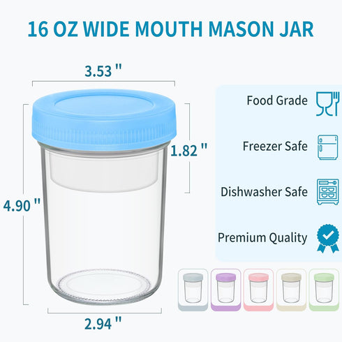 16 oz 6-Pack Xyptorix Overnight Oats Containers with Airtight Lids - Leak-Proof Wide Mouth Mason Jars & Divided Cups