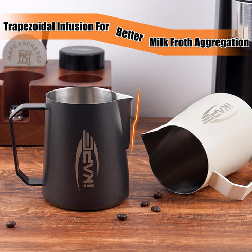 IKAPE 600ml Milk Frothing Pitcher, Stainless Steel Steaming Pitchers for Cappuccino Latte Art, 20 oz, Black