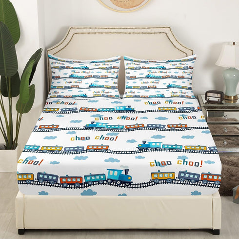 Set 3Pcs Sheet,2 Colorful Train Fitted Sheet Full Size Cartoon Car Bedding Blue Train Tracks Cloud Bed Sheet for Kids