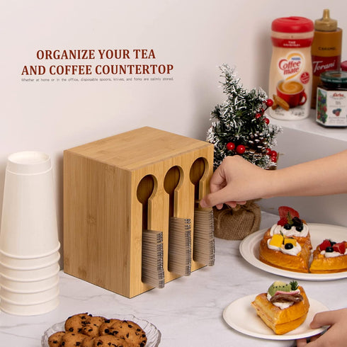 Bamboo Utensil Dispenser for Spoons and Forks, 3 Compartment Plastic Utensil Holder Station for Party and Breakroom