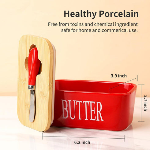 Hasense Large Butter Dish with Lid and Knife, Airtight Butter Keeper Container for Countertop, Red