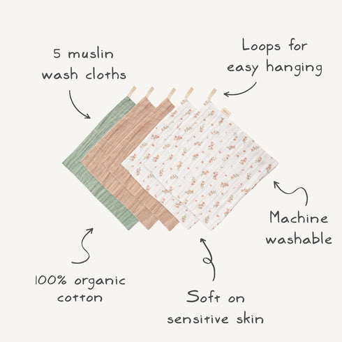5-Pack mushie Muslin Organic Cotton Washcloths (Retro Flowers Combo) | Soft Wipes for Baby Cleanups and Bathing