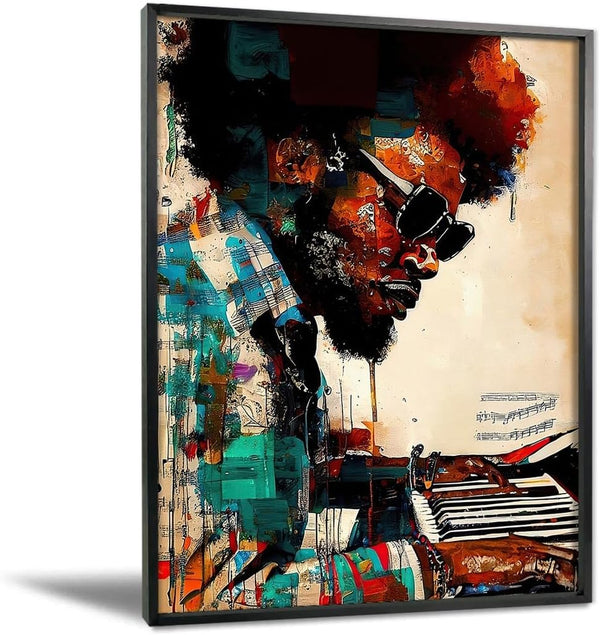 Black Aluminum Alloy Framed Piano Man Wall Art, Black Paintings for Modern Home Decoration, African American Wall Art