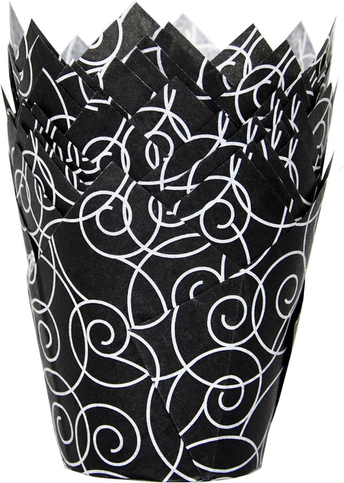 Muffin Greaseproof Paper Baking Cups, 2" x 3-1/2" Black Fancy Floral Print Tulip Baking Cup Case of 125 pcs
