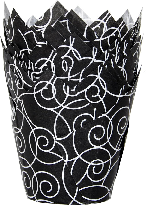 Muffin Greaseproof Paper Baking Cups, 2" x 3-1/2" Black Fancy Floral Print Tulip Baking Cup Case of 125 pcs