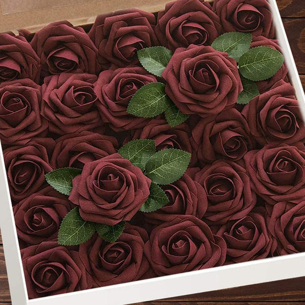 Artificial Flowers 25pcs Burgundy Foam Fake Roses with Stems for DIY Wedding Bouquets, White Bridal Shower