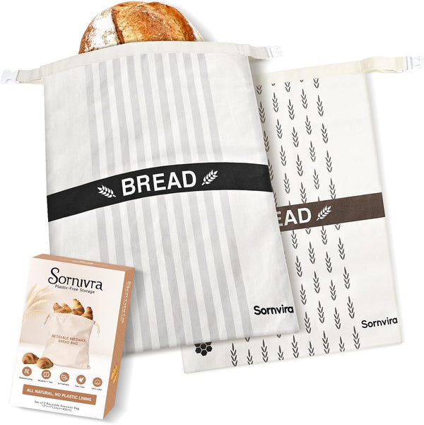 sornivra Reusable Beeswax Bread Bags for Sourdough & Homemade Bread, 2 Pack XL