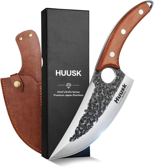 Huusk Knife Japan Kitchen, Upgraded Viking Hand Forged Butcher Knife for Meat Cutting, Japanese Cooking Meat Cleaver