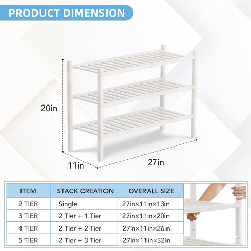 3 Closet, Bathroom27 x11 x20 3 Tier Bamboo Shoe Rack Storage Organizer for Multifunctional Stackable Free Standing Shoe