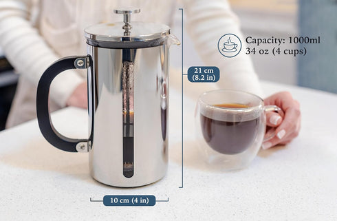 High Borosilicate Glass French Press, 1000 ml Capacity with 304 Stainless Steel for Coffee Enthusiasts
