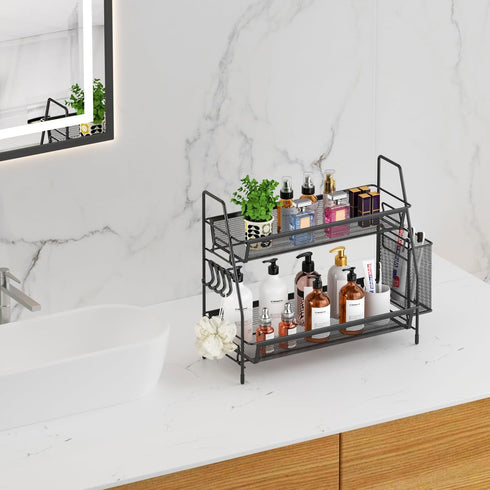 VITVITI 2-Tier Black Bathroom Counter Organizer, Metal Wire Mesh Storage with Basket Hooks, Vanity Tray Shelf