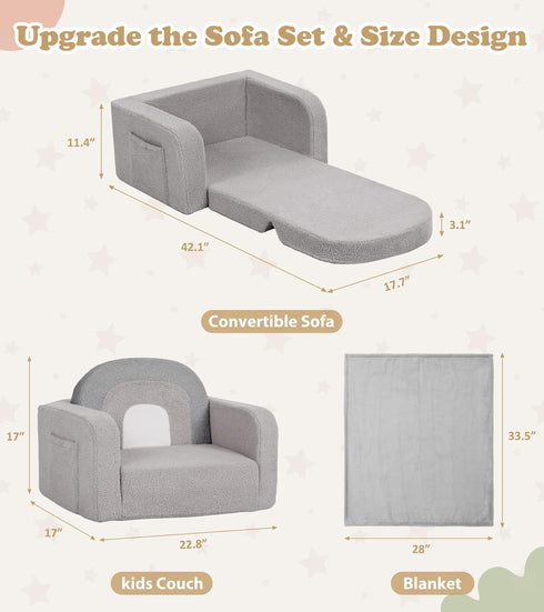 Foryoomi 2-in-1 Kids Couch, Soft Toddler Couch Fold Out with Blanket, Comfy Toddler Chair, Convertible Sofa, Gifts