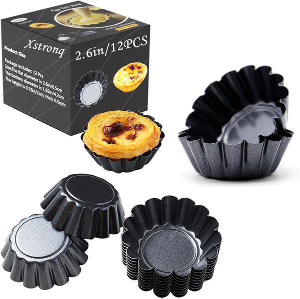 Egg Tart Molds 12PCS Mini Carbon Steel Non Stick Tart Pans for Baking, 2.6 Inch Tart Pan Set