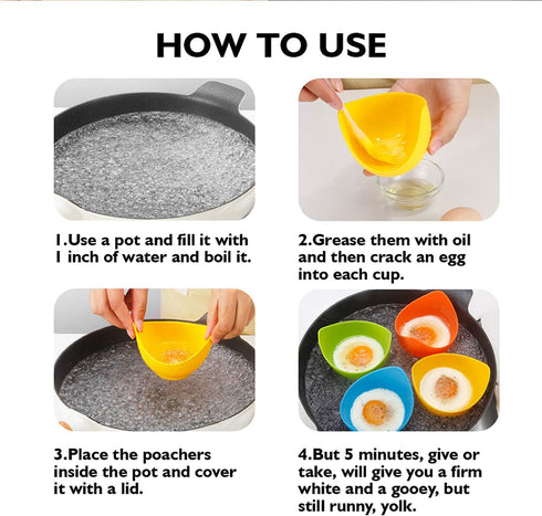Egg Poacher - KRGMNHR Silicone Cup for Microwave or Stovetop Egg Poaching, 4 Pack with Extra Oil Brush