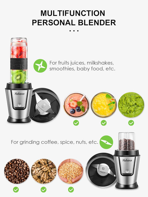 Personal Blender with 2 x 20oz Travel Bottle, Portable Smoothie Blender and Coffee Grinder, 500W Single Serve