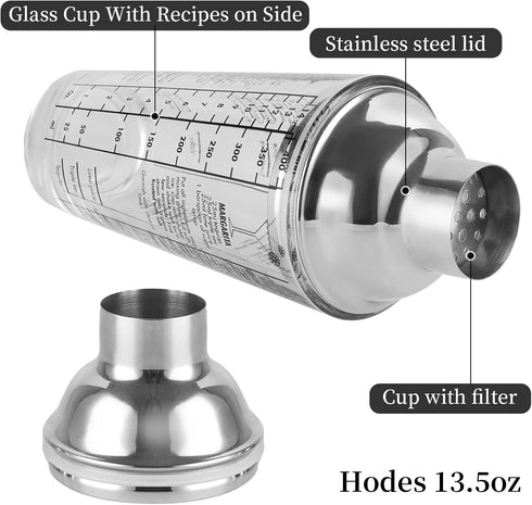 Cocktail Shaker Glass: 13.5oz Martini Shaker with Recipes on Side - Professional Bar Tool with Scale Glass