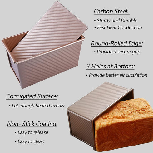 Pullman Loaf Pan with Lid, Non-Stick 1 Pound Dough Capacity Rectangular Bread Pan, 9x4inch with Dough Scraper Cutter
