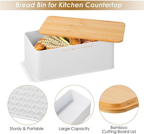 Countertop, 13 7 5.3 inch Phyllia Bread Box, Metal Bread Storage Container with Bamboo Lid Usable as Cutting Board