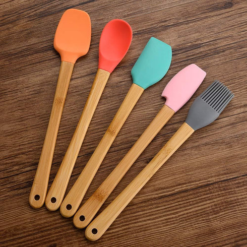 KSENDALO Small Spatulas for Kitchen Use - Silicone Mini Spatula with Bamboo Handle, Colorful