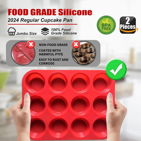 2PCS Silicone Muffin Pan - Thicken-12 Cup Non-Stick Baking Pan for Muffin Cakes, Tart, Bread - Dishwasher & Microwave