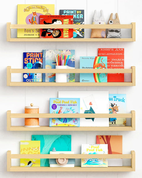 Forbena Natural Wood Nursery Bookshelves for Wall, 24 Inches Long Floating Book