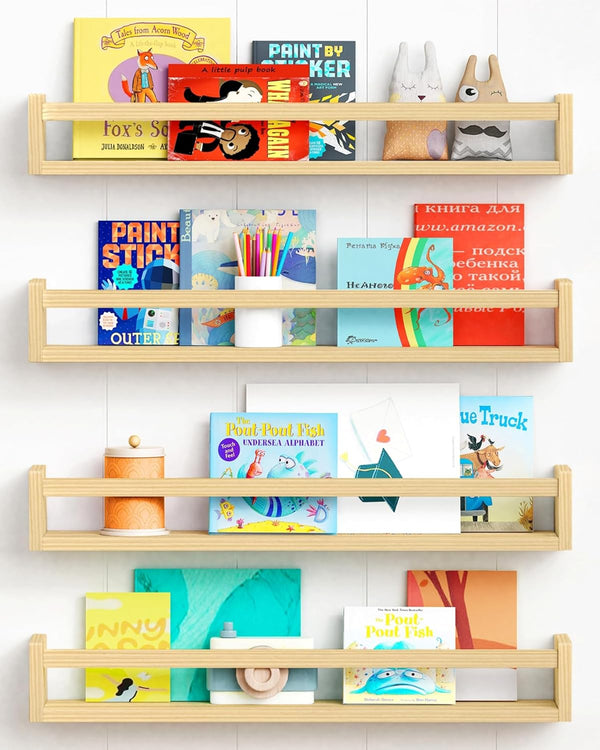 Forbena Natural Wood Nursery Bookshelves for Wall, 24 Inches Long Floating Book