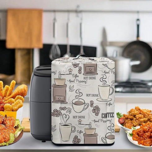 Dust-Proof Air Fryer Cover, Kitchen Small Appliance Cover with Top Handle and Pockets, Washable, Coffee Beige White