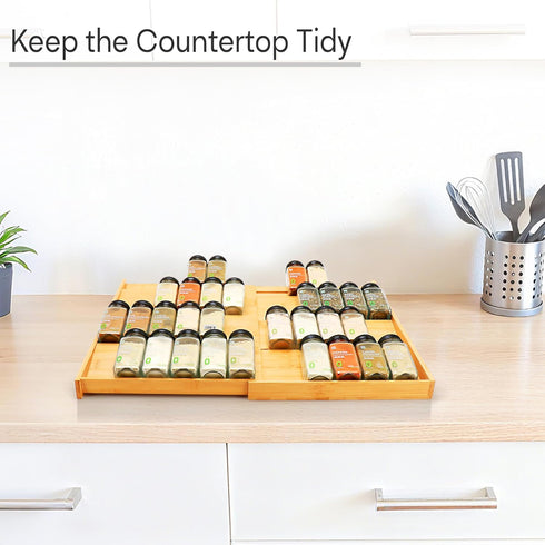 3.1 4 12" 23" Bamboo Spice Drawer Organizer, (Need Deep Drawer) Expandable Tier Spice Rack for Cabinet (From to Wide)
