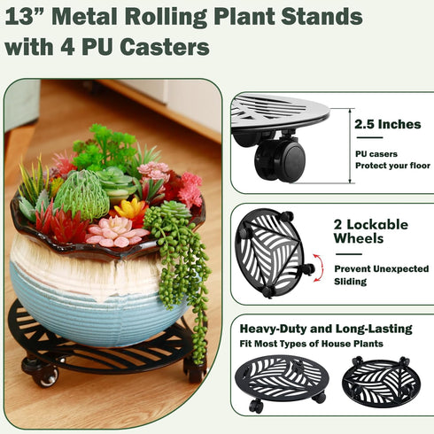 1 Packs 13" Large Metal Plant Caddy with PU Wheels Heavy-Duty Wrought Iron Rolling Plant Stands Indoor Outdoor Wheeled