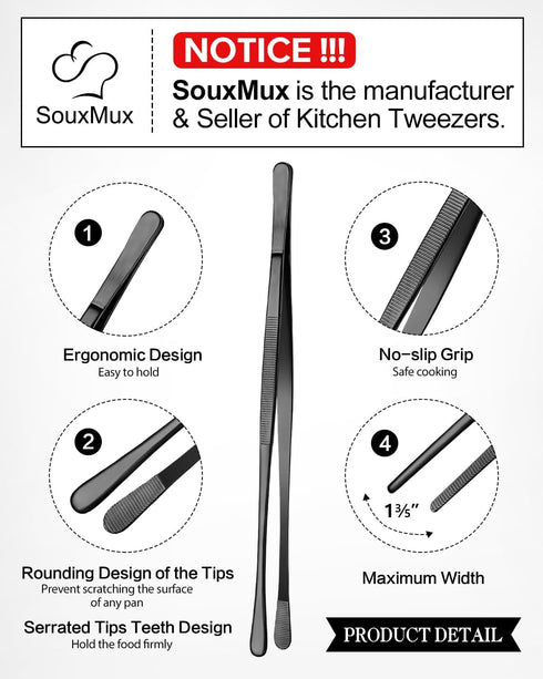 2 Pcs 12-inch Cooking Tweezers Tongs Precision Serrated Tips, Stainless Steel Professional Chef Tweezer Kitchen Tools for BBQ, Plating and Serving (Black) by SouxMux