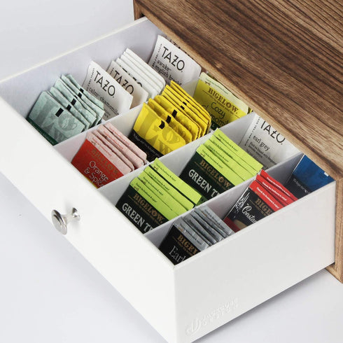 JACKCUBE DESIGN Rustic Wood Tea Storage Box with 12 Adjustable Compartments and White Faux Leather Drawer
