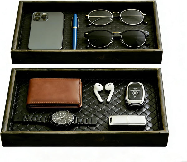 Dark Walnut Finish Wooden Valet Tray 2 Pack with Black Woven Faux