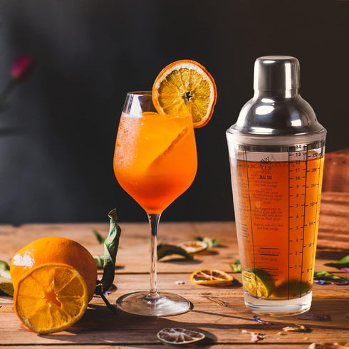 Cocktail Shaker Glass: 13.5oz Martini Shaker with Recipes on Side - Professional Bar Tool with Scale Glass